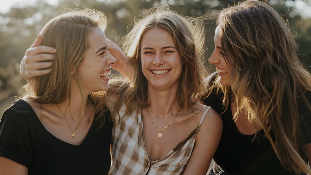 Frauen lehnen seitlich, legen Arme umeinander in kariertem Oberteil im Freien, zeigen spielerisch Halsketten.