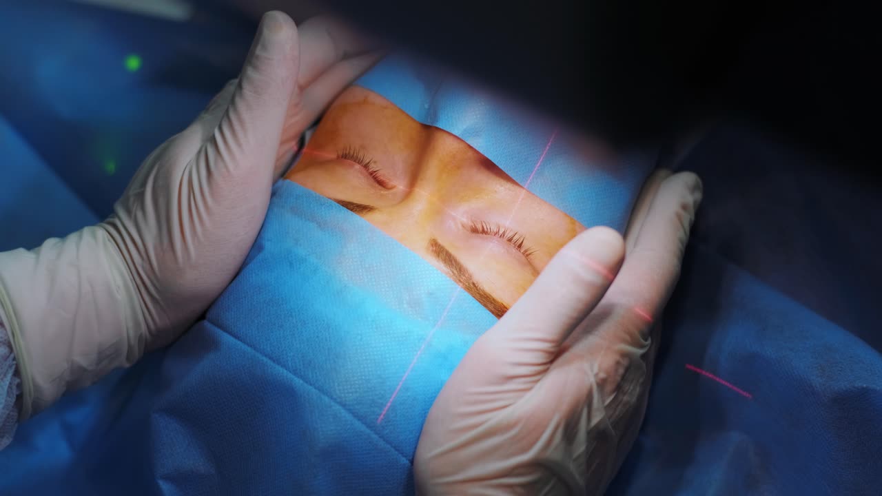 corrección de la visión con láser. un paciente y un equipo de cirujanos en la sala de operaciones durante una cirugía oftalmológica. especulo del párpado. tratamiento de lasik. paciente bajo una cubierta estéril