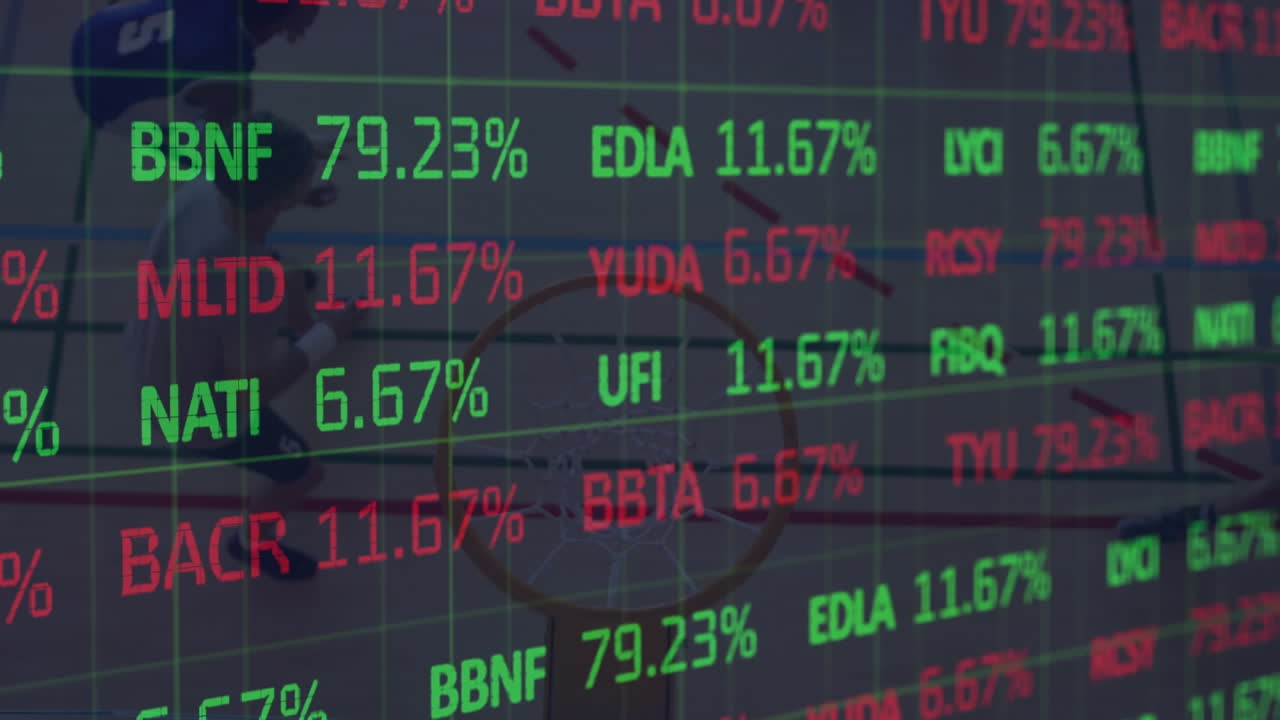 Animazione di elaborazione dati finanziari su un gruppo eterogeneo di giocatori di pallacanestro in palestra