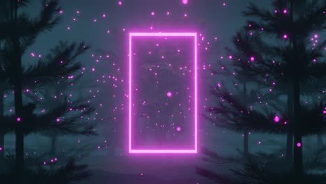 4k video animation of neon rectangle and bright colorful lights seamless loop between magical forest landscape scenery with trees movement due to wind and heavy foggy environment.