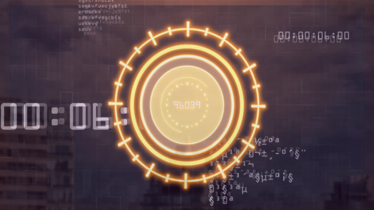 Target animation overlaying digital code and numbers in futuristic background