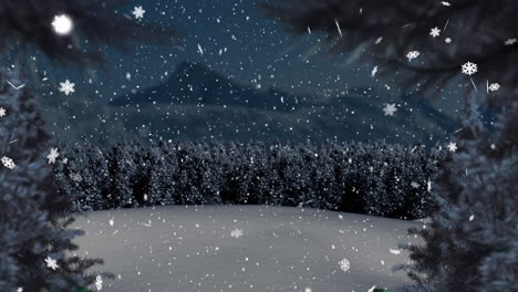 animation of christmas trees over snow falling background