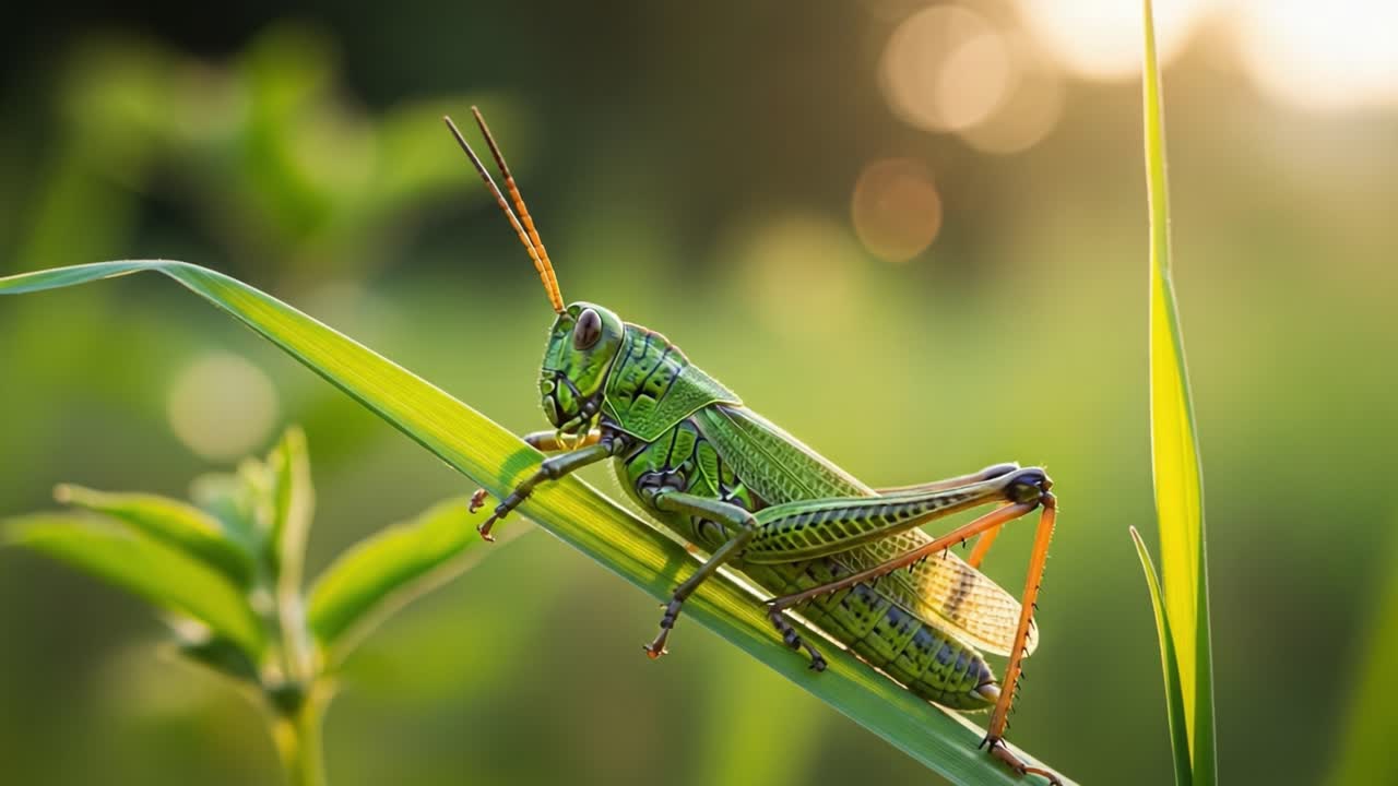 Uno splendido primo piano di una cavalletta di un verde vivace che riposa su un filo d'erba, catturato nella luce dell'ora d'oro della serenità della natura.
