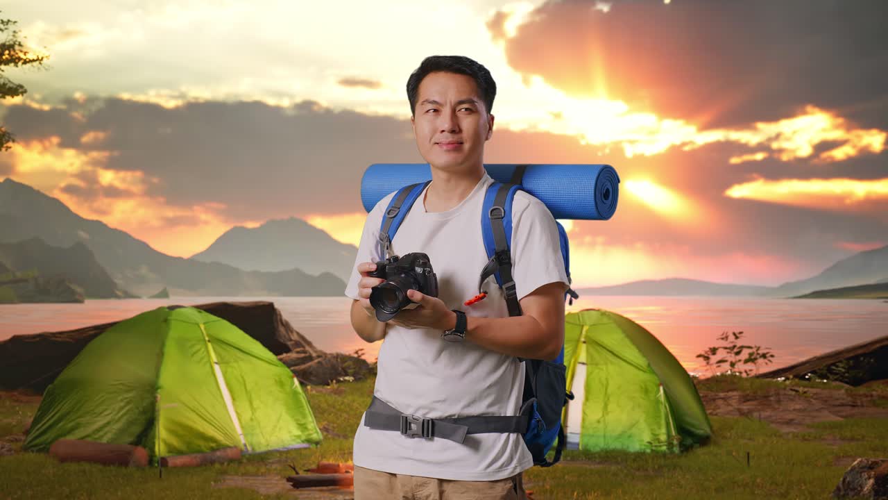 Man with a Camera at Sunrise Campsite