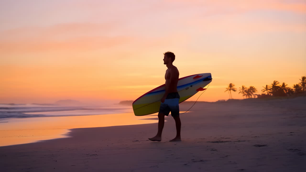 Silhouette di un surfista che trasporta la tavola sulla spiaggia al tramonto.