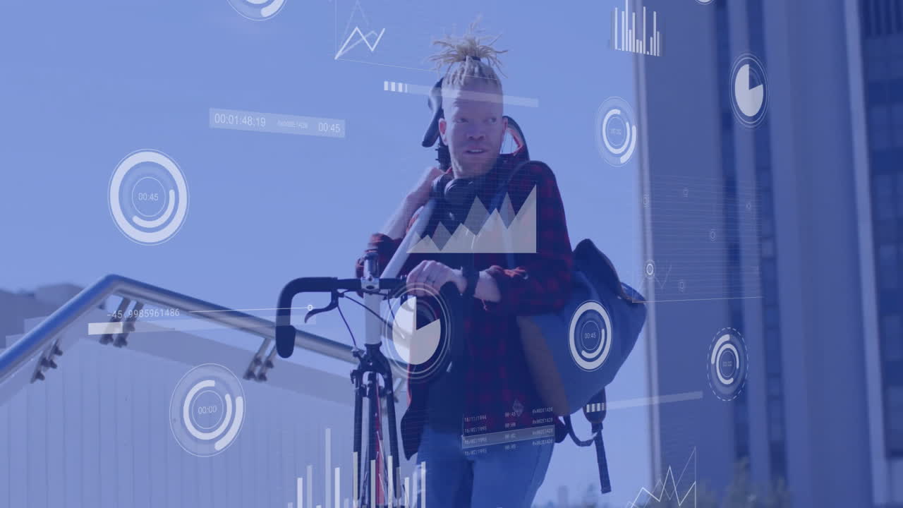 자전거를 들고, 헤드폰을 든 사람이 데이터 분석 애니메이션으로 둘러싸여 있습니다.