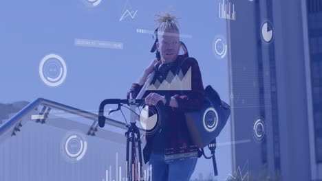 holding bicycle, person with headphones surrounded by data analytics animation