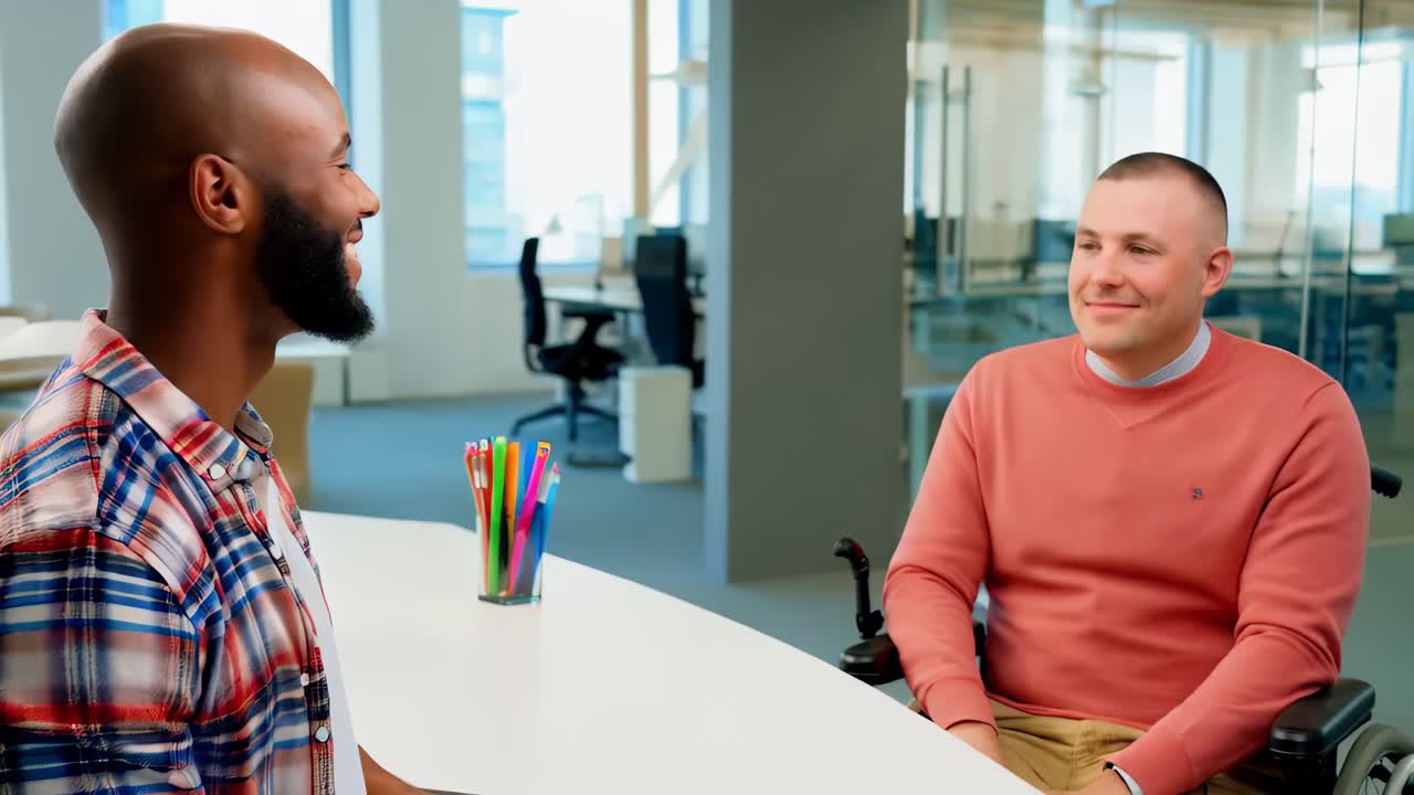 Two men are talking at a desk. One man is sitting in a wheelchair.