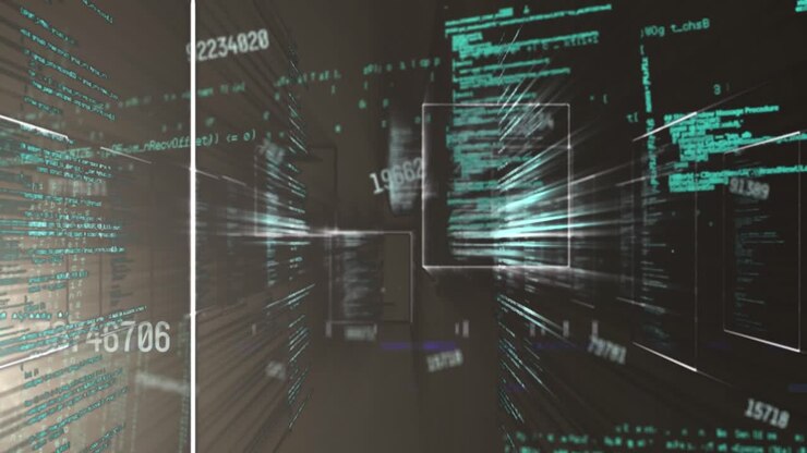 Animation of numbers, data processing and network of connections