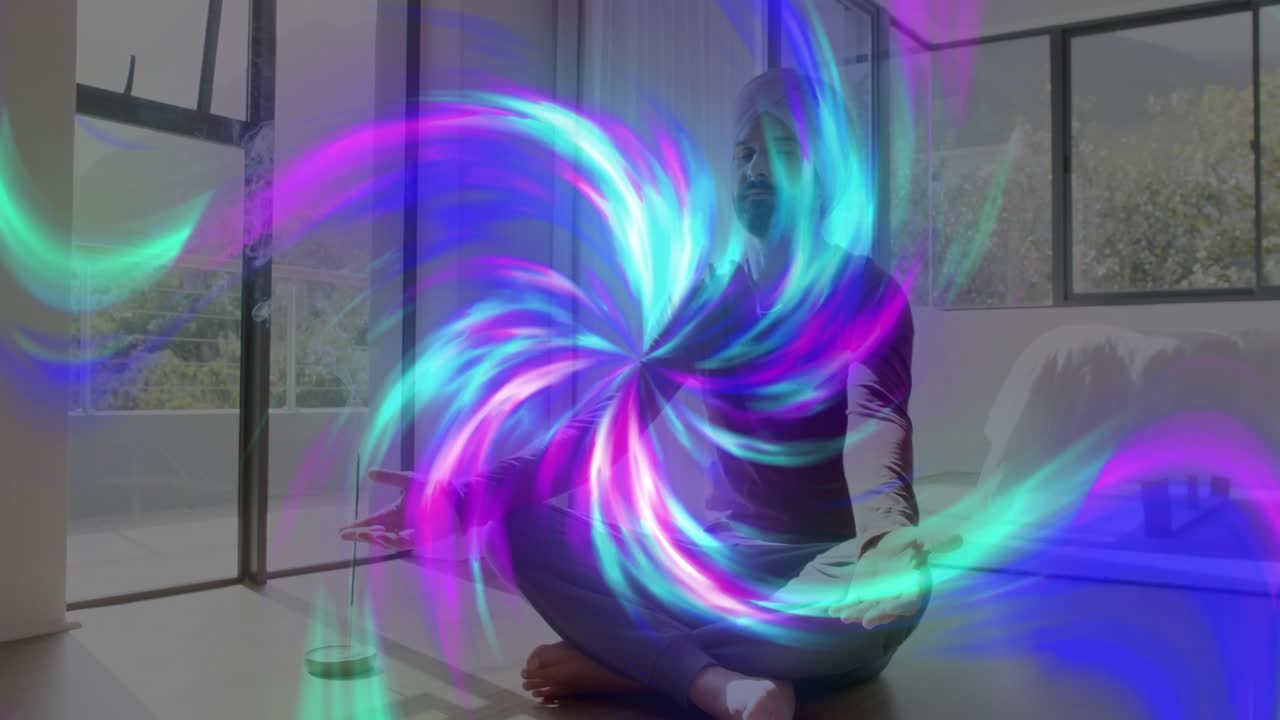 Man starting meditation, incense smoke, vortex forming ribbons encircling torso, head for wellness