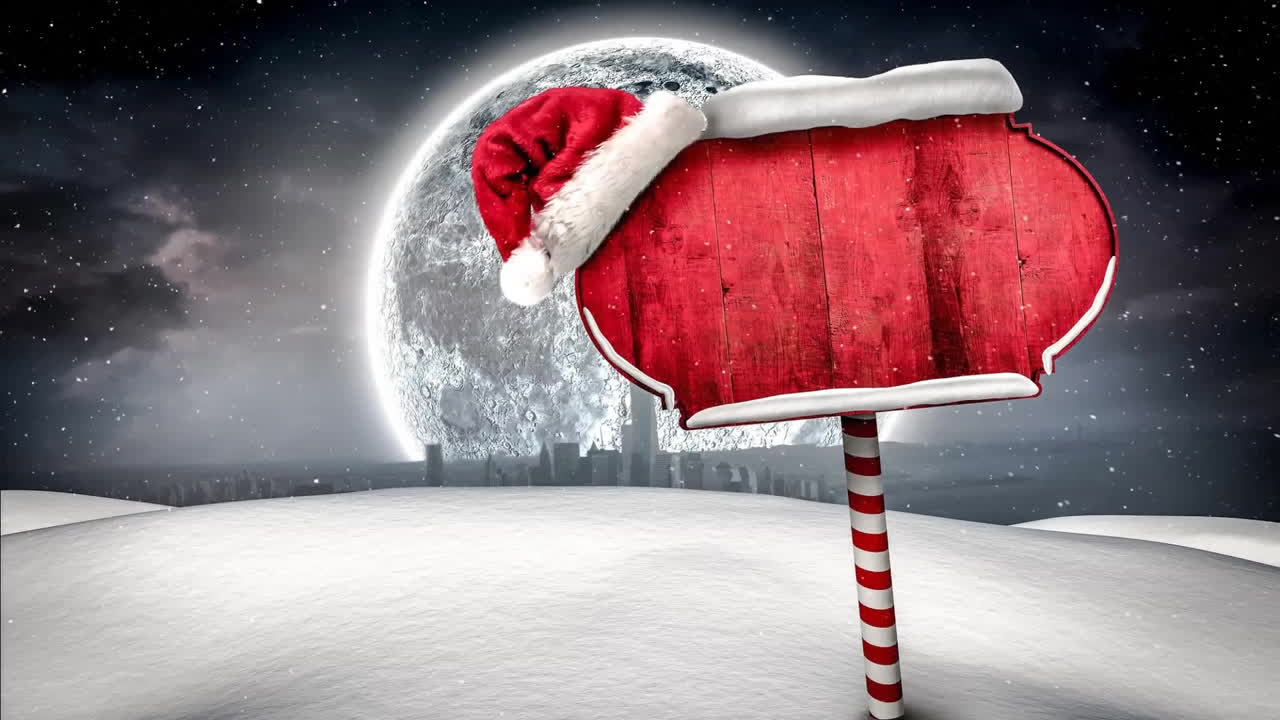 Animation of snow falling over sign with copy space and santa hat