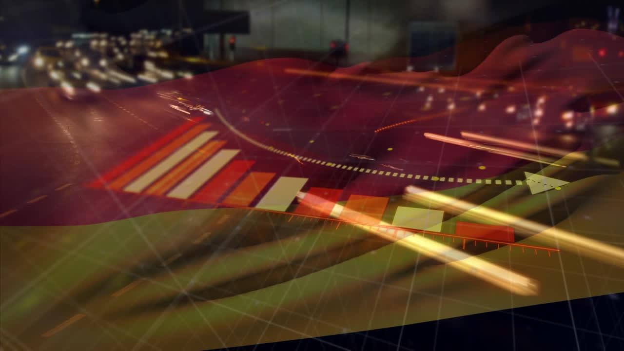 Animation of red diagram, data processing and flag of germany over city at night