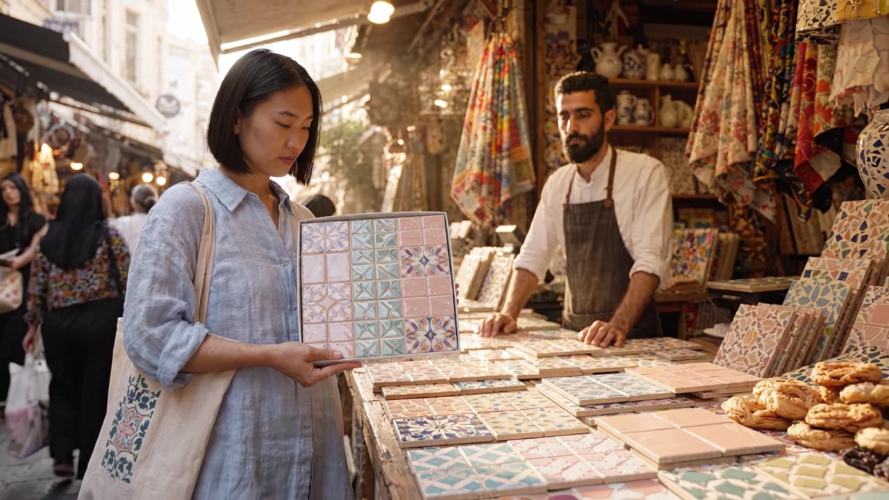 Una vivace scena di mercato che mostra una donna che esamina piastrelle colorate mentre un venditore osserva attentamente, circondata da una serie di prodotti artigianali e acquirenti indaffarati.