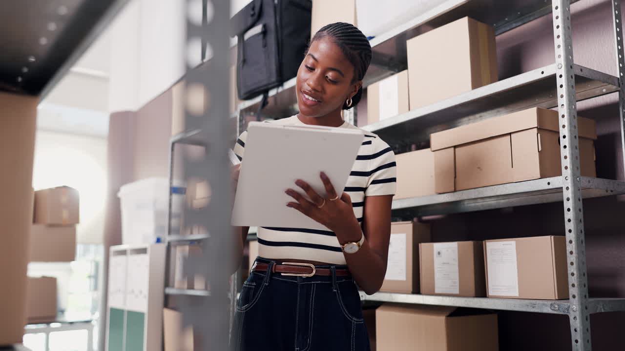 Young Black Woman Checking Inventory in a Warehouse