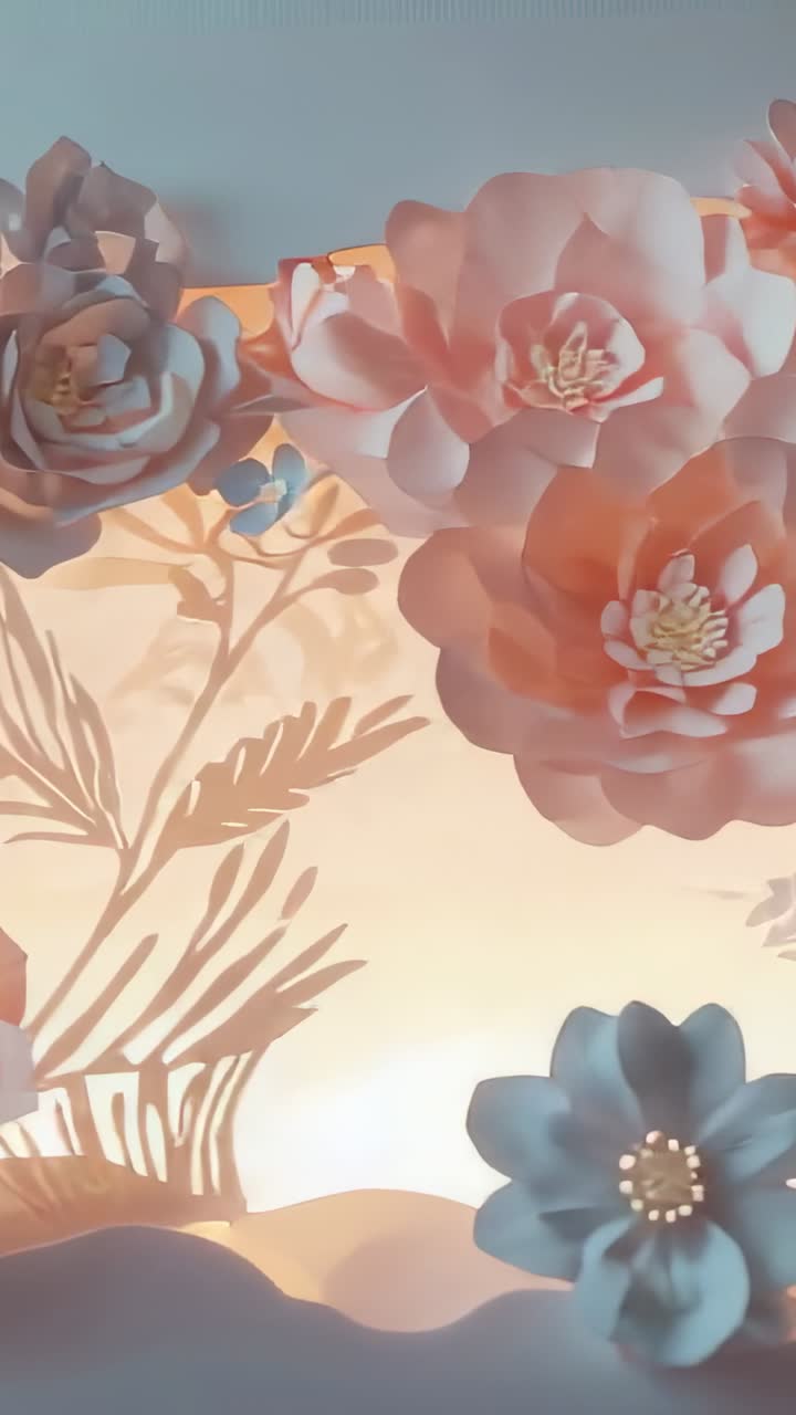Video verticale: Telecamera che panoramica fiori di carta, mostrando forme intagliate a strati sotto LED nascosti sulla parete