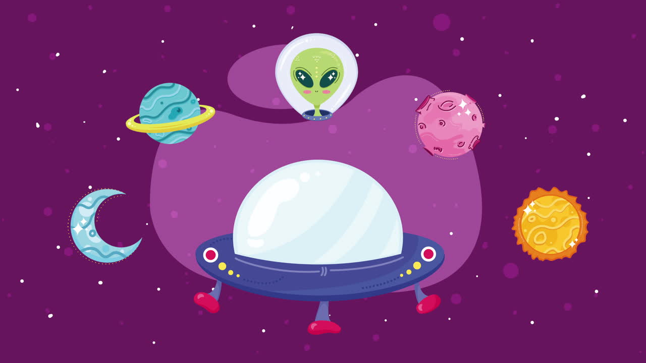 милая мультфильмная космическая сцена с инопланетянами и космическим кораблем