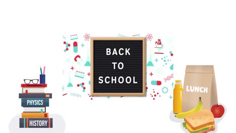 Animation-of-back-to-school-text-on-blackboard-and-school-items-on-white-background