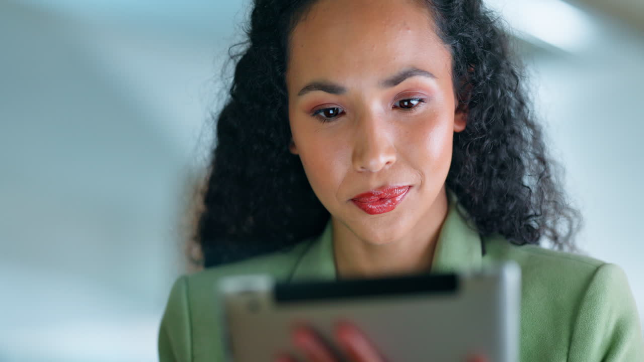 Tablet, happy and search with black woman
