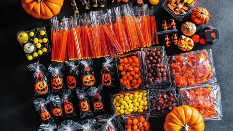 halloween party favors with pumpkins, candy, and glow sticks