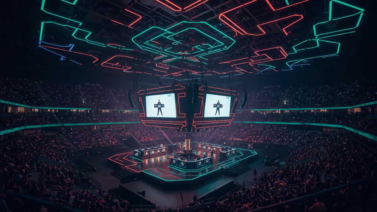 Exciting Moment at an E-Sports Arena: A High-Stakes Gaming Competition with Spectacular Lighting and Engaged Audience Witnessing Intense Matches