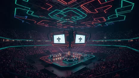 exciting moment at an e-sports arena: a high-stakes gaming competition with spectacular lighting and engaged audience witnessing intense matches