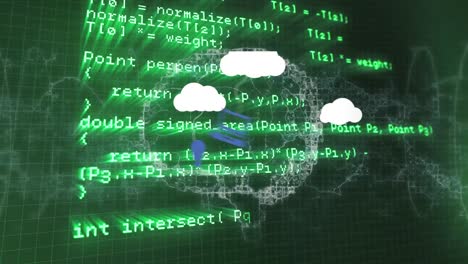 animación de nubes con iconos sobre el cerebro digital y el procesamiento de datos