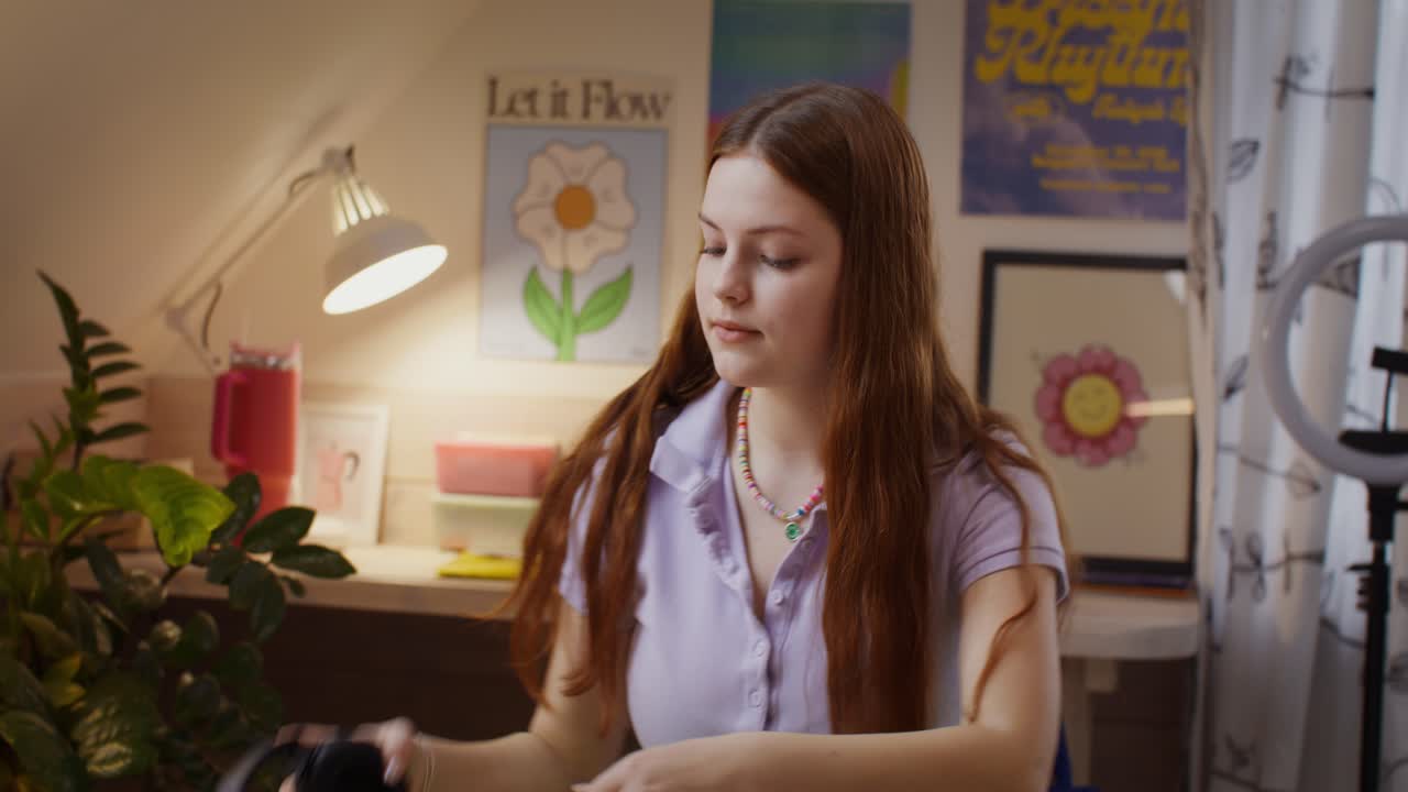 십대 소녀가 침실에서 공부하고 있습니다.