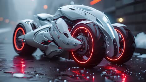 futuristic concept motorcycle with glowing red wheels at night