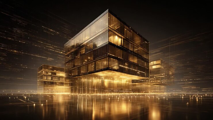 En fantastisk arkitektonisk perle oplyst af gyldne lys, der fremviser moderne design og innovativ struktur midt i en baggrund af dynamisk bevægelse og lysende energi, der strømmer rundt om dens facade