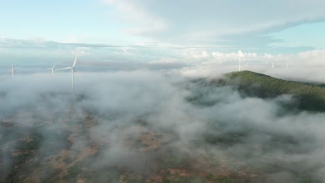 magical mist flows with air current past wind turbines at high altitude park