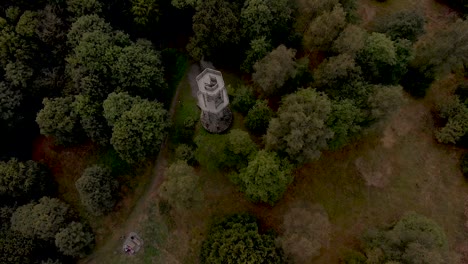 vista aérea del mirador de la construcción de acero en la cima de la montaña de peregrinación wilzenberg en la región de sauerland en alemania comenzando de arriba hacia abajo revelando la torre entre las copas de los árboles