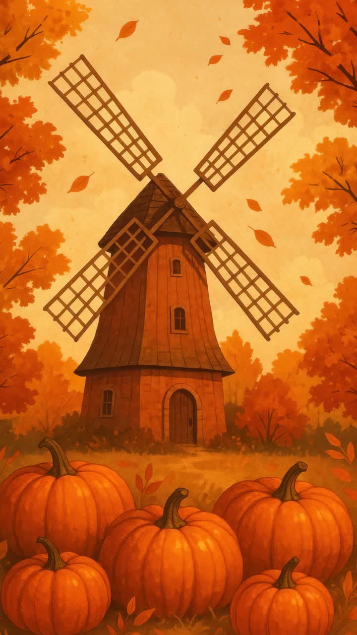 Charming autumn scene with a windmill surrounded by pumpkins, captured from a low angle