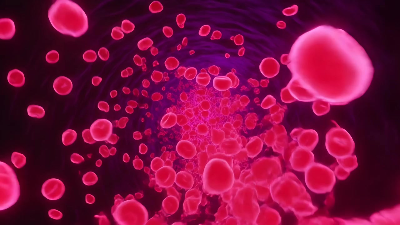 Advancing camera starting at sequence onset, moving through vessel, visualizing red biconcave cells