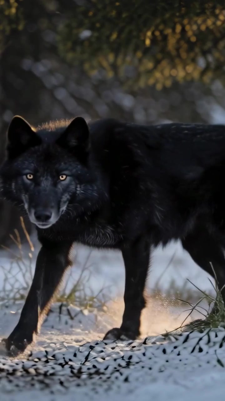 Vertical video: Emerging from shade, black wolf moving through snow, sniffing scent near trunks