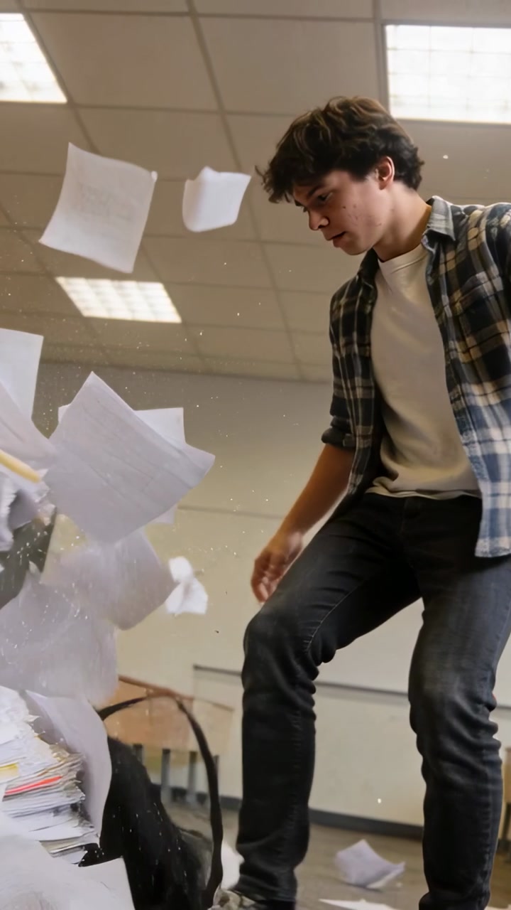 Vertical video: Grabbing pack, plaid student pulling, paper pile falling and pages flying in class