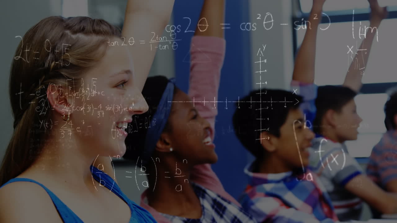 Mathematical equations against diverse students raising their hands in class at elementary school