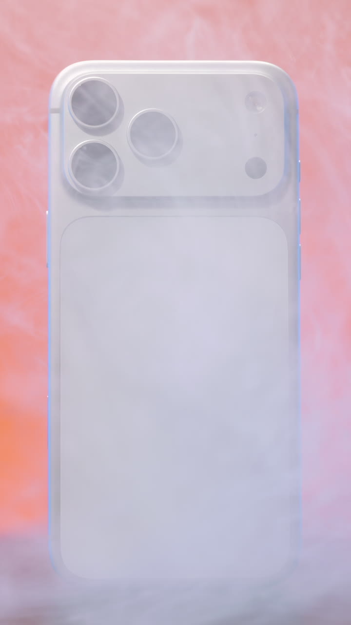 New modern smartphone appearing from a cloud of smoke against a vibrant pink background. Action
