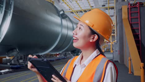 close up side view of asian female engineer with safety helmet taking note on the tablet and looking around while standing in pipe manufacturing factory