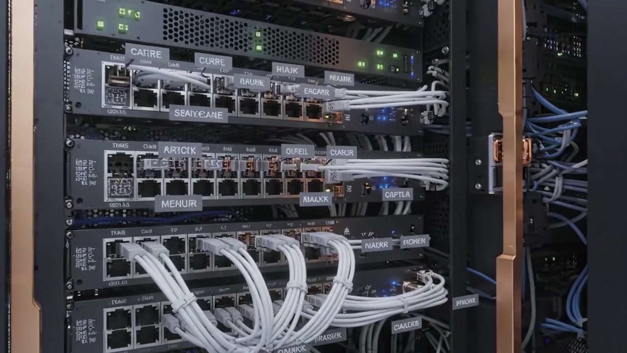 A High-Tech Data Center Showcasing Rows of Server Racks and Advanced Connectivity Equipment in a Sleek, Modern Environment for Enhanced Data Processing Capabilities