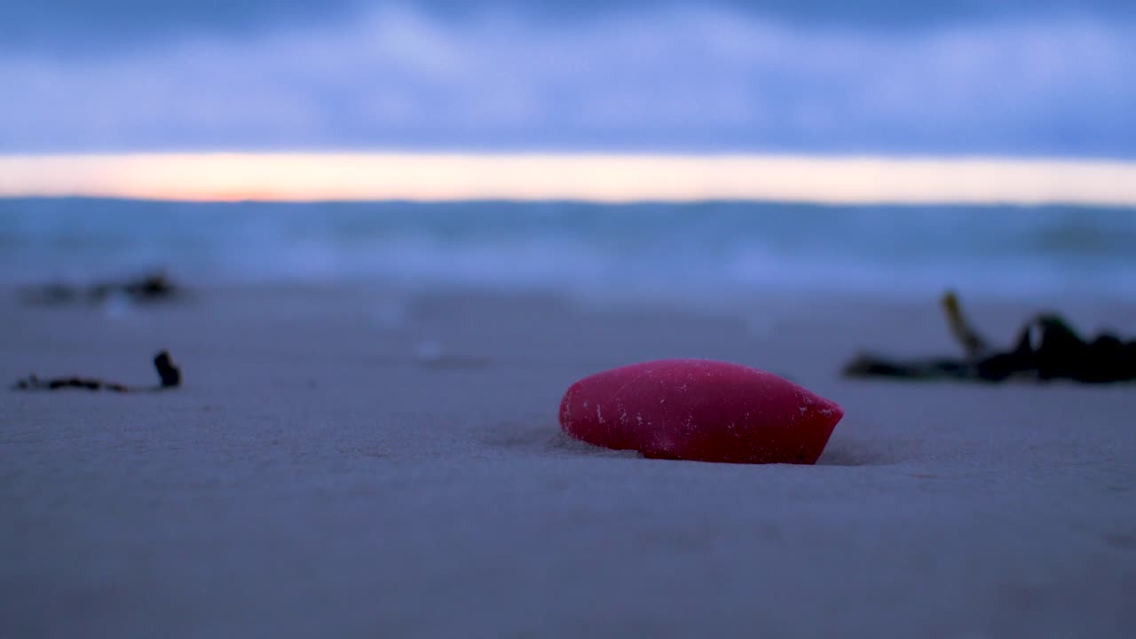 텅 빈 발트해 백사장에 있는 붉은 플라스틱 쓰레기, 쓰레기, 쓰레기, 환경 오염 문제, 일몰 후 흐린 저녁, 클로즈업 샷