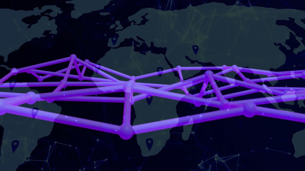 Glowing purple network mesh appearing over dark world map pulsing rotating showing global data flow
