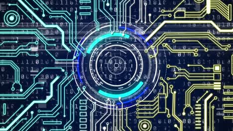 Animation of processing circle over data processing and integrated circuit on navy background