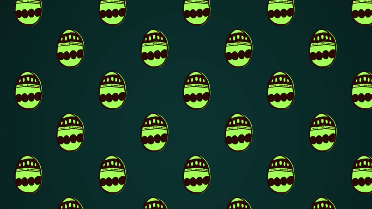 Animation loop of digital eggs with multiple patterns on shells against black background