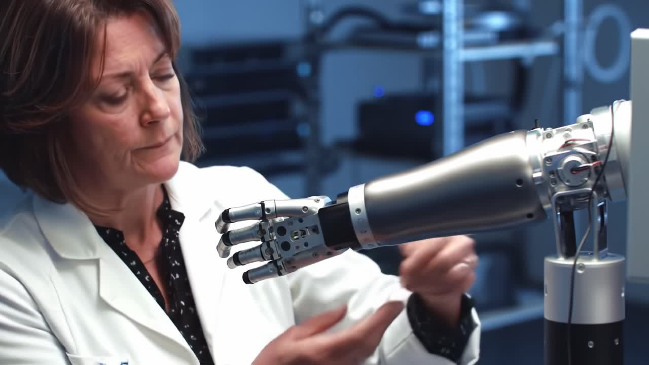 A Researcher Examining an Advanced Robotic Prosthetic Hand: Integrating Technology and Human Mechanics for Enhanced Mobility and Functionality