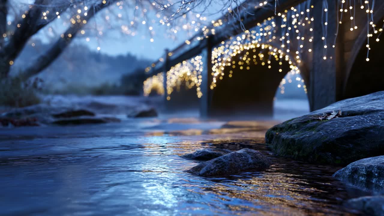 A serene nighttime scene of a beautifully illuminated bridge adorned with glowing lights over a calm river, capturing the tranquility and charm of the natural landscape bathed in soft moonlight