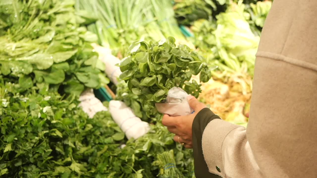 Woman Shopping for Fresh Herbs and Vegetables at a Grocery Store