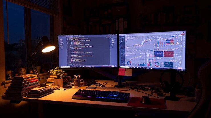 Dual Monitor Workstation Glowing In A Dark Room As Evening Falls Outside The Window