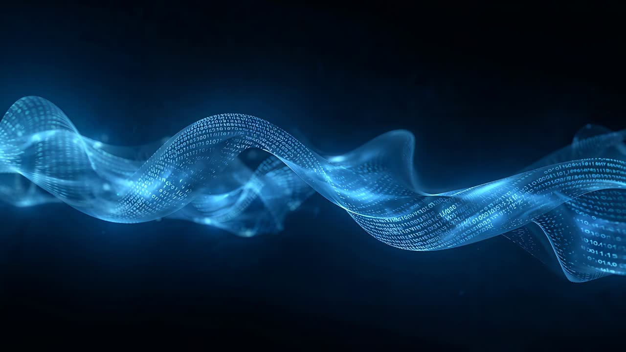 Entering left edge, blue data ribbon undulating across dark backdrop, revealing numeric dots