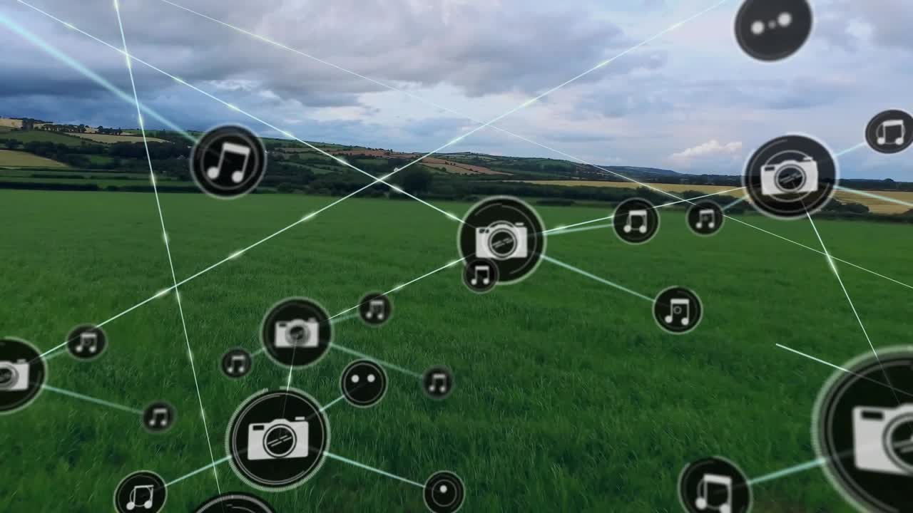 Icone di musica e fotocamera connesse da linee, animazione di rete su un paesaggio verde
