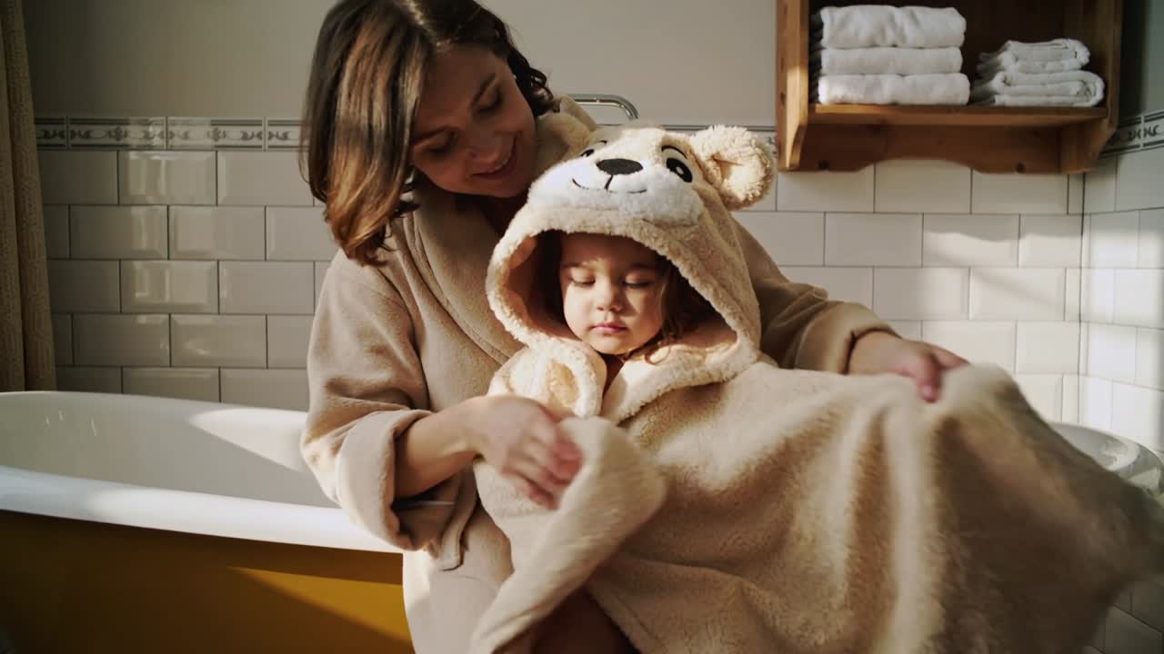Un assistente in accappatoio avvolge un bambino piccolo con un asciugamano con cappuccio al bordo della vasca da bagno per asciugarlo e riscaldarlo.